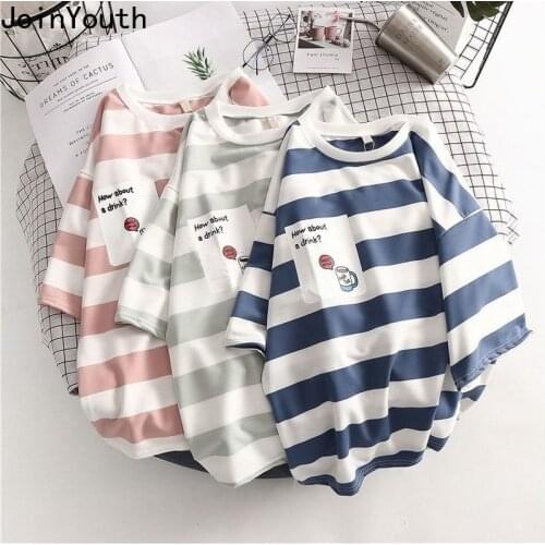 Joinyouth 2020 Women T Shirts Striped Tee Shirts O-neck Harajuku Loose T Shirt Woman Clothes Short Sleeve BF Tshirts Tops 7a1097