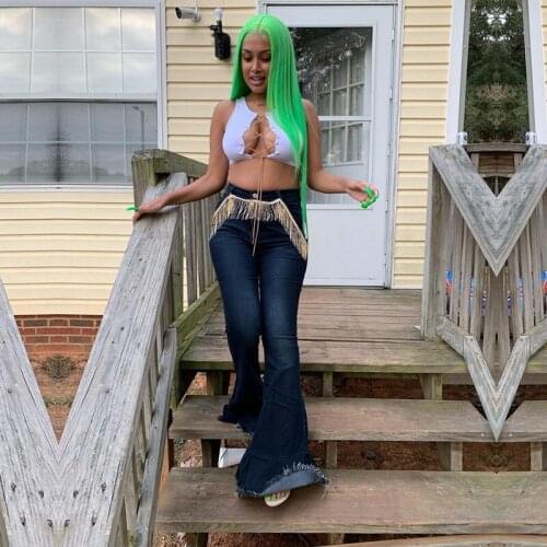 Women Clothing Fashion Skinny Tassel Navy Blue Jeans Woman Denim Flare Pants Lounge Wear Streetwear Y2k Clothes Wholesale Items