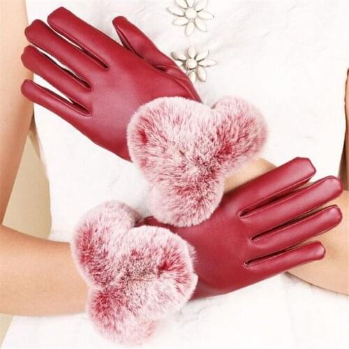 VISNXGI Touched Screen PU Leather Women Gloves Waterproof Faux Rabbit Fur Thick Warm Winter Full Finger Gloves Christmas Gift
