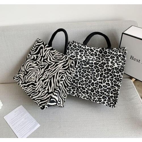 Women Casual Canvas Wave Plaid Leopard Zebra Pattern Printing Shoulder Bags Ladies Daily Large Capacity Tote Shopping Handbags