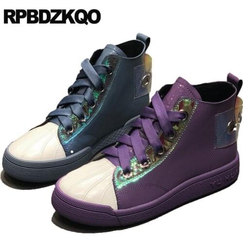 Patent Leather High Top Flats Purple Sneakers Designer Shoes Women Luxury 2019 Winter Round Toe Quality Metal Lace Up Peacock