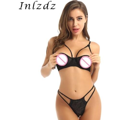 2Pcs Womens Erotic Lingerie Set Sheer Lace Sexy Suit Bare Nipples Underwire Bra Top with Crotchless G-string Sexy Thong Briefs