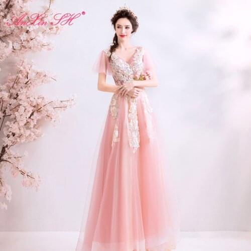 AnXin SH Princess pink flower lace evening dress luxury illusion beading flower v neck floor length pink evening dress 3268