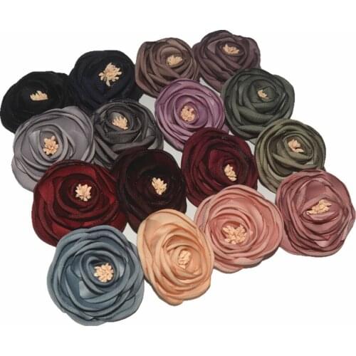 30 pcs/lot , 5.5cm satin fabric rose flower with stamen DIY apparel hair accessories Corsage Supplies