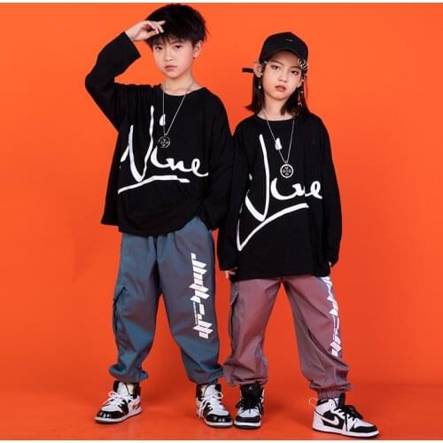 Childrens Hip-hop Costumes Girls Loose Outfits Long Sleeve Shirt+Pants Girls Streetwear Jazz Dance Performance Boys Clothes