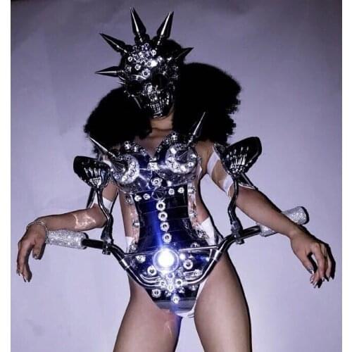 Future technology Silver Mirror disco costume Halloween stage performance Cosplay motobike woman led costumes space show