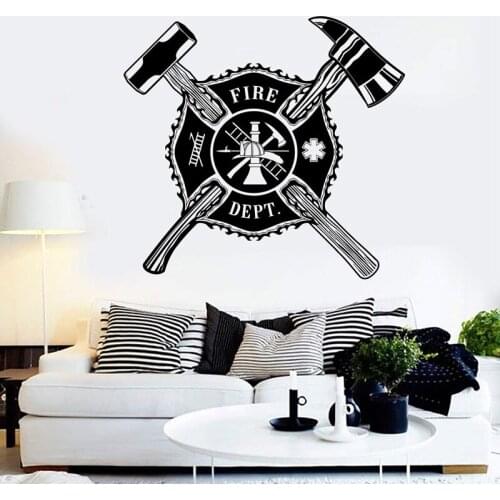 Fire Dept Wall Sticker Creative Shield Decal Firefighter Home Decor Fire Hammer Ladder Stickers Means Defend Protection