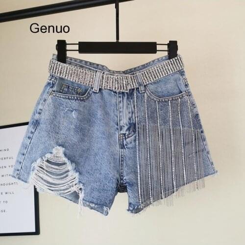 Hot Pants Korean Style Womens Wide Legs Hot Drilled Holes High Waist Loose Fringed Jeans Shorts Girls Lady 2020 Summer New