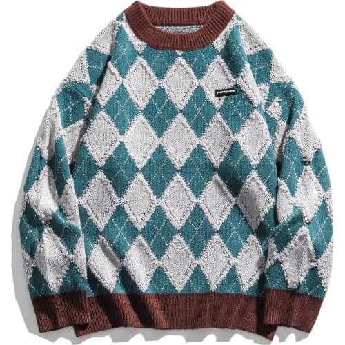 Argyle Plaid Mens Knitted Sweater Hip Hop Streetwear Cotton Loose Pullover Men Women Autumn Harajuku Knitwear Sweater Oversize