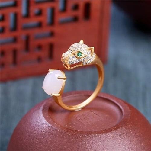 Jadery Chinese Hetian Jade Ring For Men Women Luxury Leopard Head 925 Sterling Silver Rings Plated Gold Vintage Wedding Jewelry