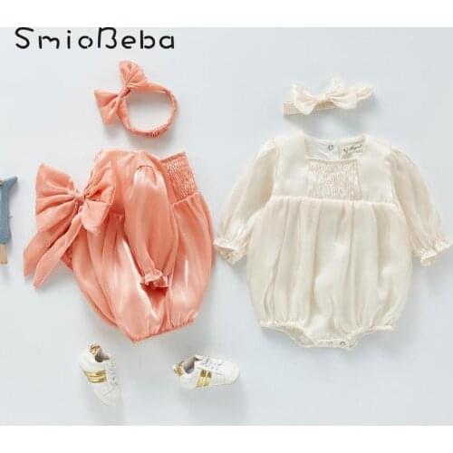 Baby Autumn Girls Sweet Pink Bow Rompers W/ Headband Newborn Birthday Gift Clothes Full Moon Princess Bag Fart Treasure Jumpsuit