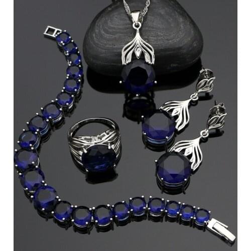 Sapphire 925 Silver Jewelry Set for Woman Earrings Pendant Necklace Ring Bracelet Women Wedding Accessories