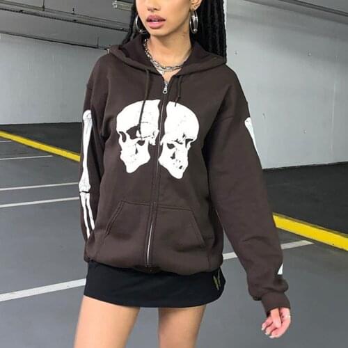 YiYiMiYu y2k Skulls Jackets Brown Long Sleeve Vintage Coat Hooded Casual Fashion Punk Outwear Women Autumn Winter Sweatshirts