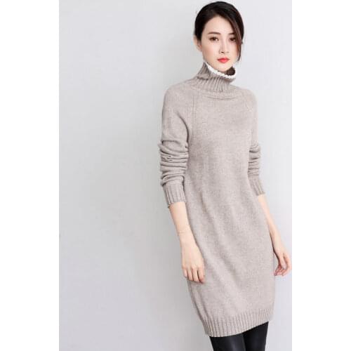 HOT SALE 2019 New Winter Wool Cashmere Blending Long Women Dress Knitted Pullovers Tops White Edge High Collar Slim Warm Sweater