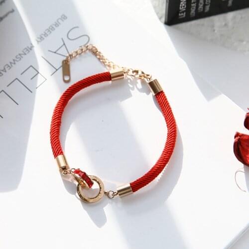 Fashion Titanium Steel Charm Bracelet Rose Gold Red Rope Double Circle CZ Crystal Roman Numeral Bracelet Jewelry B18148