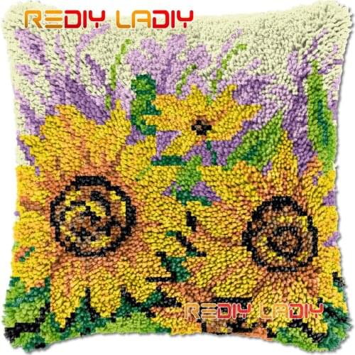Latch Hook Cushion Sunflowers Field DIY Needlepoint Kits Chunky Acrylic Yarn Arts Crocheting Lofty Pillow Case Hobby & Crafts