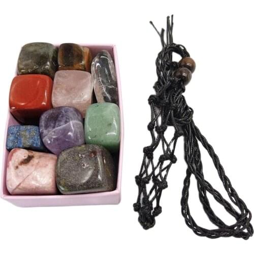 Natural Crystals Stone Amethyst Set + Weave Rope Net Pocket 10 Colors Reiki Healing Rose Quartz Energy Square Polished Gemstone