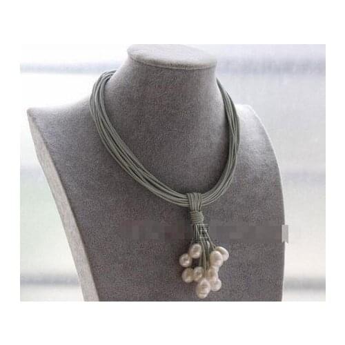 New 15 Strands gray leather white pearls Choker necklace pendant