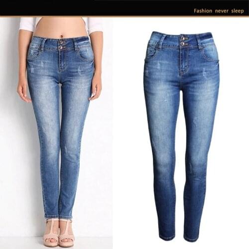 2021 New womens denim mid-waist slimming holes frayed trousers slim feet pants