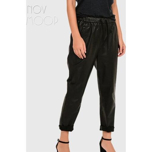 Novmoop fashion style women black elastic waist sheepskin genuine leather ankle-length harem pants pantalon femme LT3048