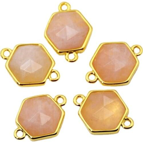Wholesale faceted crystal quartz Hexagon shape Gem stone connector gold bezel setting jewelry charms fashion bracelet findings