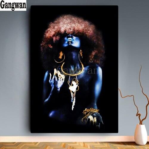 Fluffy Hair African Black Women Golden Finger Diamond Embroidery Full Square round 5D DIY Diamond Painting Cross Stitch decor