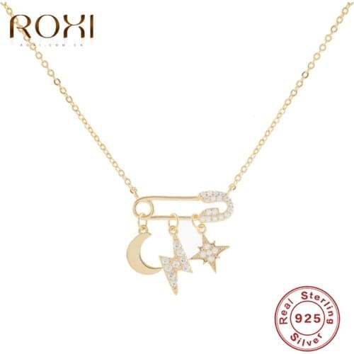 ROXI Elegant Pin Pendant Necklace for Women Choker Moon Star Lightning Clavicle Necklaces Gold Jewelry Sterling Silver 925 Chain