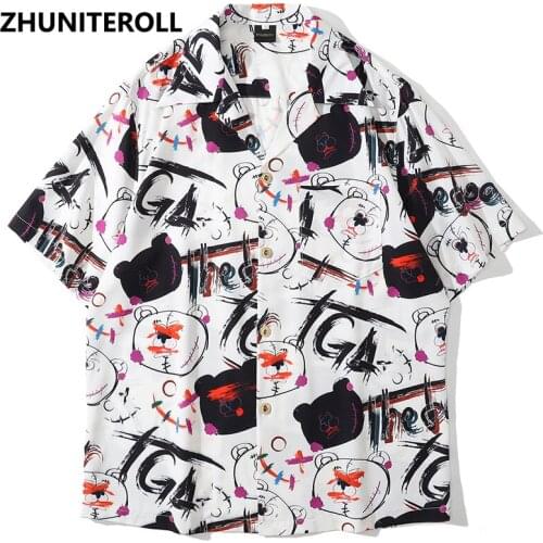 Hip Hop Streetwear Shirt Men Harajuku Graffiti Bear Print Shirt 2021 Summer Beach Shirt Hawaiian Short Sleeve Shirt Loose Casual