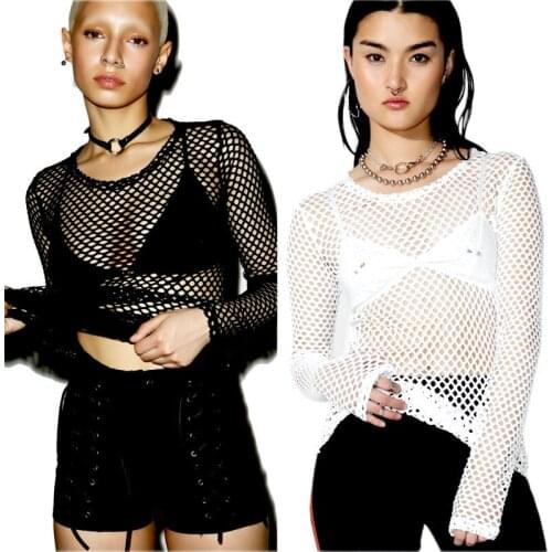 Womens Mesh Fishnet Long Sleeve Sheer Tops T shirt Sexy Perspective Tee Shirt Solid Black White vestidos