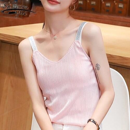 2021 Summer New Korean Style Shiny Solid Color Sweet Sexy V-neck Shirt Backless Strap Womens Chiffon Shirt 8975 50