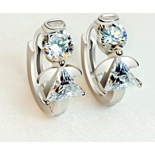 Luxury Female Small Lab Diamond Earrings 100% Real 925 Sterling Silver Earrings For Women Crystal Angel Round Hoop Earrings