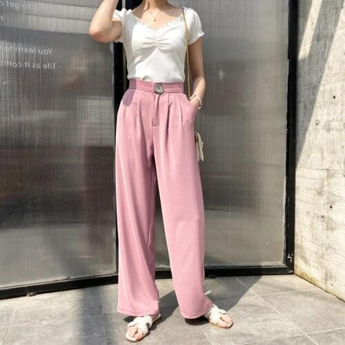 2020 Summer Pink Pure Color High Waist Wide Leg Straight Women Casual Pants Female Trousers