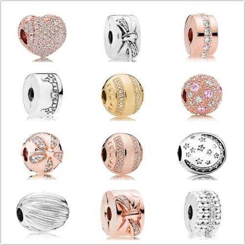 925 Sterling Silver Shining Bow With Crystal Clip Lock Stopper Charm Beads Fit Women Pan Bracelet & Necklace Jewelry