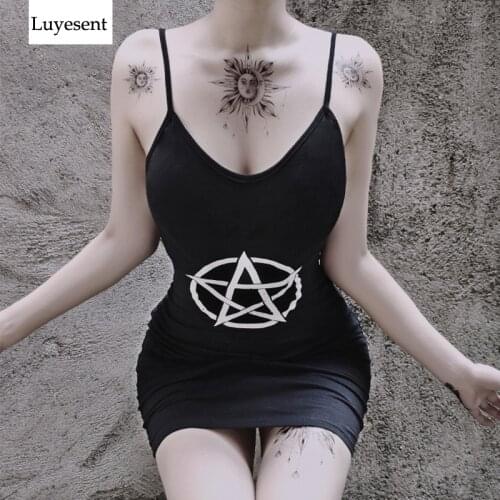 Black Goth Woman Tight Mini Dress 2020 Lady Deep V Neck Sexy Gothic Pentagram Star Print Bodycon Strap Chic Punk Basic Dresses