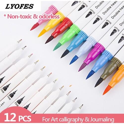 12PCS Colored Art Sketching Markers Drawing Set Double-head Watercolor paint brush pen scrapbooking Diary supplies Stationery