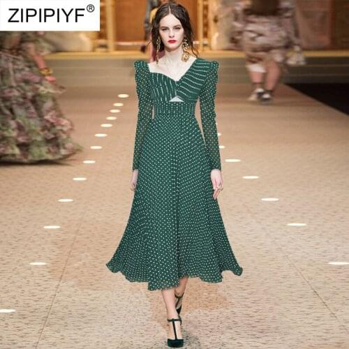 2021 Summer Runway Fashion V Neck Dot Decorated Hollow Out Long Puff Sleeve Chiffon High Wasit Sexy Casual Party Dresses Z108