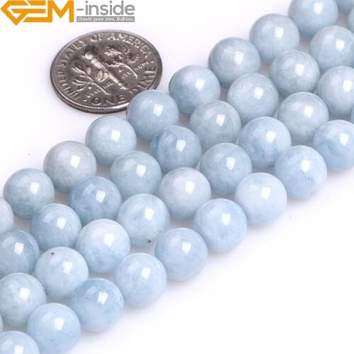 A Grade 4mm 6mm 8mm 10mm 12mm Natural Round Smooth Blue Aquamarines Stone Beads For Jewelry Making 15inches DIY Loose Women Gift