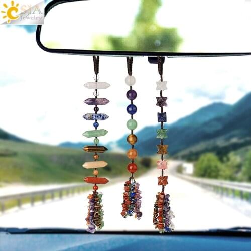 CSJA Natural Stone Car Hanging Decoration Amulet Healing 7 Chakra Chips Merkaba Hexagon Prism Round Ball Weaving Home Decor G493