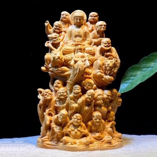 Thuja Wood Eighteen Arhat Buddha Statue，Solid wood carving，Chinese Buddha Statue Home living room bedroom decoration statue