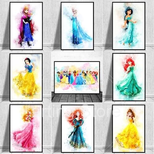 Disney Princess Watercolour Art Painting Posters And Prints Snow White Cinderella Cartoon Pictures On Kids Room Wall Decoration