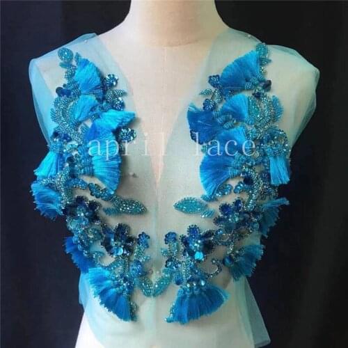 Lady elegant Princess Mia086# Blue Color Hand Made Stone Beads Tulle Accessory For Saw Wedding Bridal Dress/ Fashion Designer