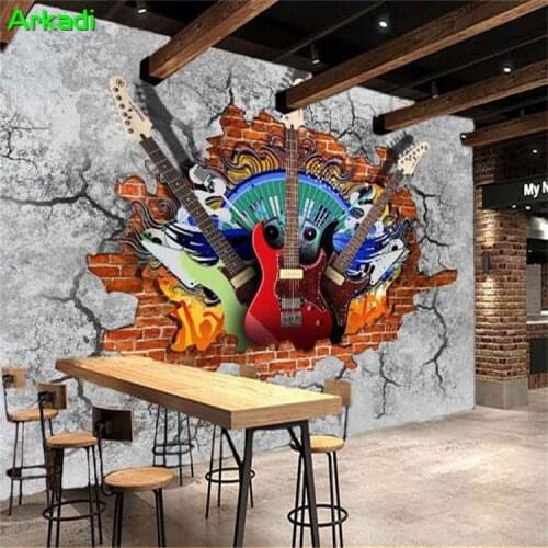 Photo Wallpaper Personalized Custom 3D Stereo Guitar Rock Brick Wall KTV Bar Restaurant Music Room Vintage Decorative Painting