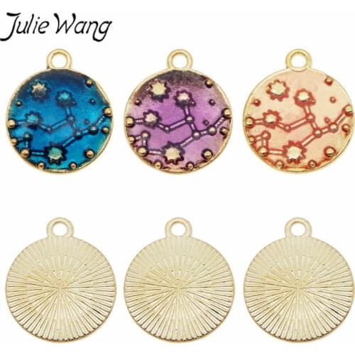 Julie Wang 12pcs Round Enamel Constellation Charms Alloy Gold Tone Pendant Necklace Bracelet Jewelry Making Accessory