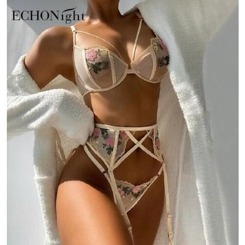 Echonight New Summer Fall Womens Sexy Lace Hollow out Wire Bra Thong Garters Suspender Three Piece Sets Nightwear Lingerie