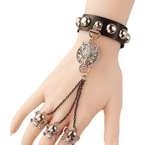 Retro Wolf Skull Leather Bracelet Silver Color Pendant Charm Cuff Bangle Men Punk Gothic Links Chain For Women Halloween Jewelry