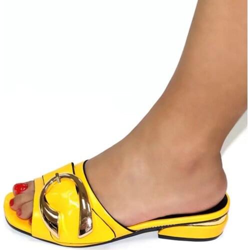 Nice looking yellow women dress shoes with metal decoration african pumps for party V287,heel 3CM