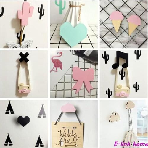 Hooks rails Nordic Cactus Wall Clothes Wall Sticker Decor Clothing Hanger Wooden Anchor Kids Room Children Birthday Gift Hook