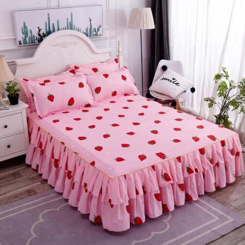 Cute Printed Mattress Cover Non-slip Polyester Bedspread Double Layer Lace Bed Skirt For Wedding Bedroom Decor With Pillowcase
