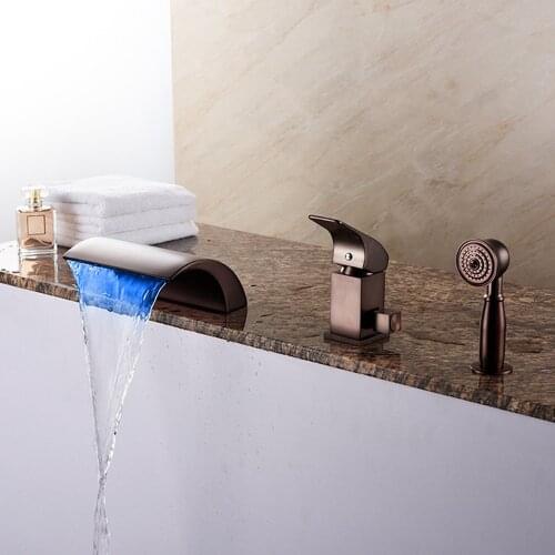 MTTUZK Oil-rubbed Bronze Waterfall Bathtub Faucet with Hand Shower ORB LED TUB Faucet Hot and Cold Bathtub Tap