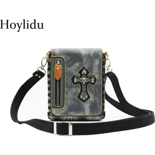 Skull Punk Stylish Handbag Men Gothic PU Leather Crossbody Shoulder Bags Rivet Cross Mini Cell Phone Bag Multi-Pocket Flap Tote